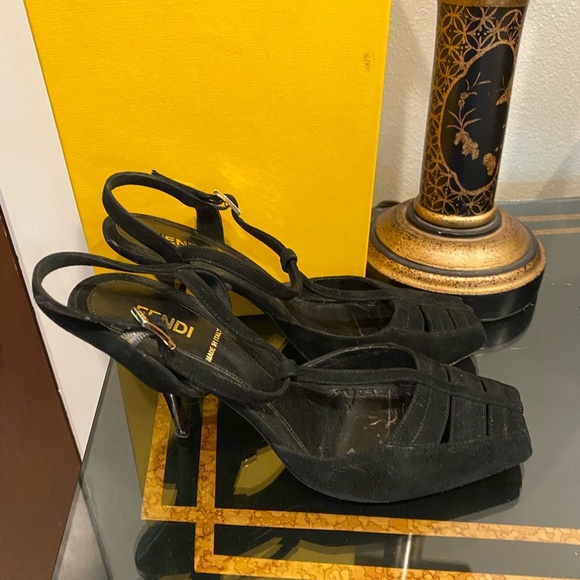 FENDI Black Suede HH Sandals, Pre owned 7 1/2 m - Picture 3 of 7
